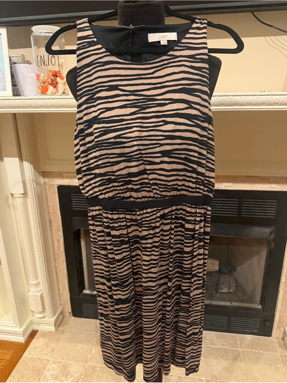 LOFT Beige and Black Zebra-Print Sleeveless Midi Dress